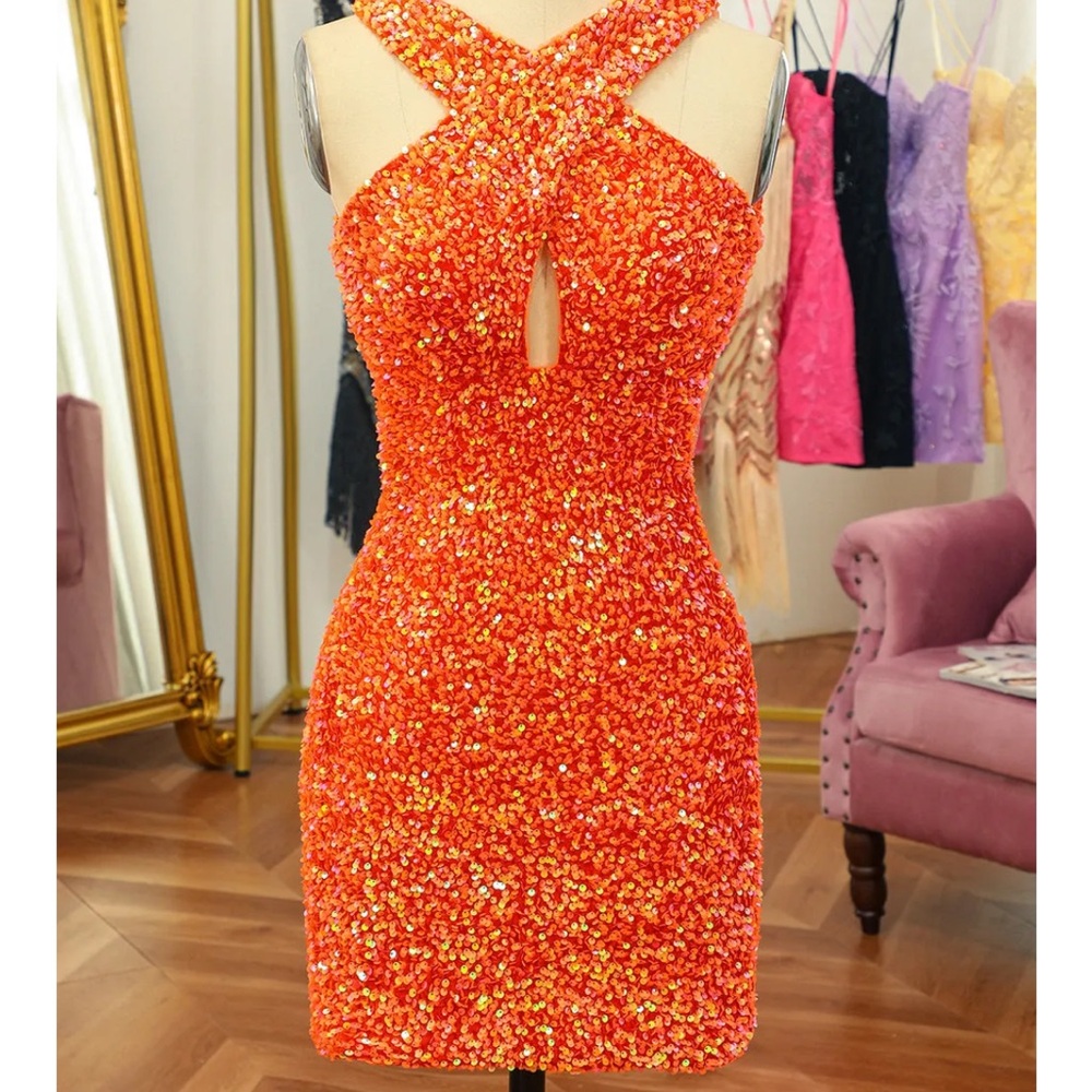 Brand New, Orange Sequin Mini dress Halter Neckline Open Back